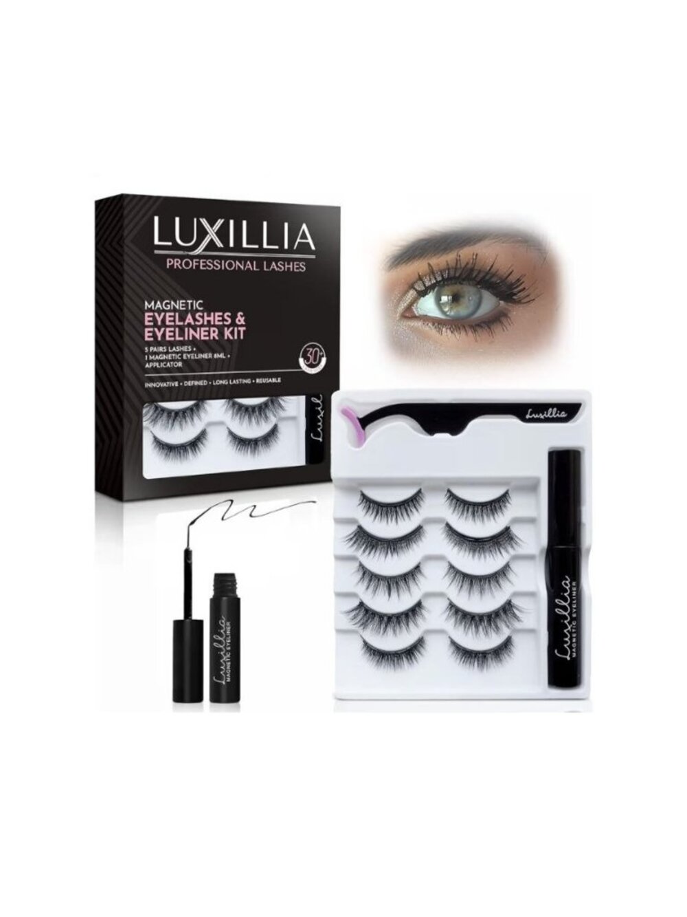 Luxillia Professional Magnetic Eyelashes Eyeliner Kit 5 Pair Featherlight Lashes